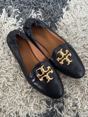Tory Burch Black Leather Flats with Gold Logo